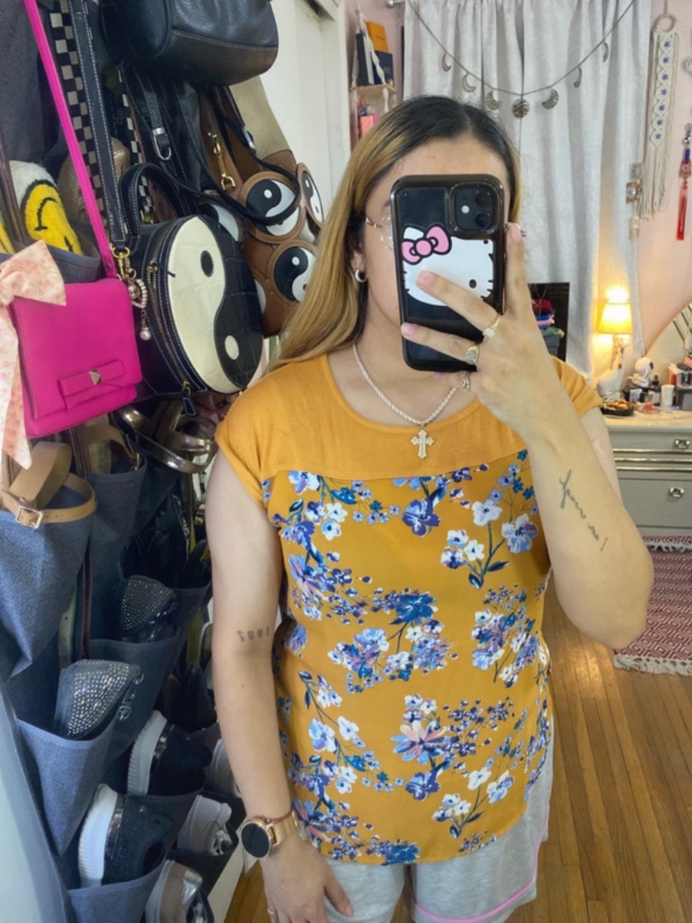 Pink Rose Mustard Yellow Floral Cap-Sleeve Top